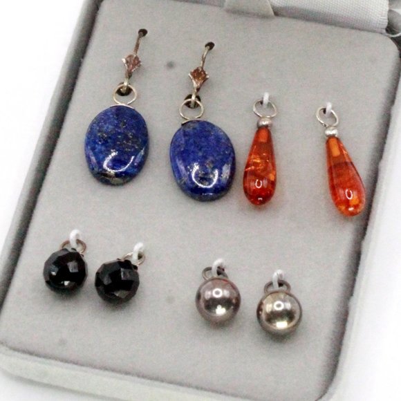 Sterling Silver Lapis Onyx Multi Stones Interchangeable NOS Dangle Drop Earrings - Picture 1 of 11